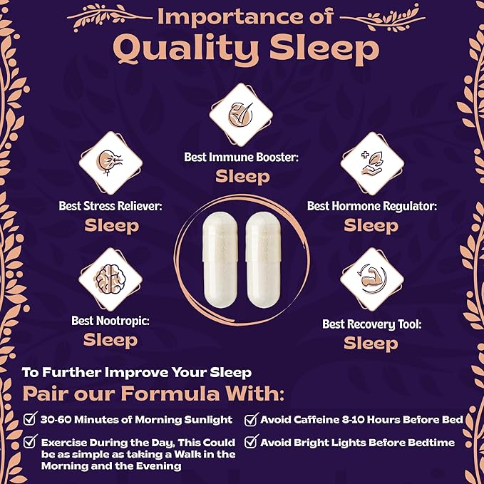 Natural Sleep Aid with Magnesium Glycinate 500mg Reishi 350mg L-Theanine 300mg Apigenin 50mg Melatonin 3mg - 60 Capsules