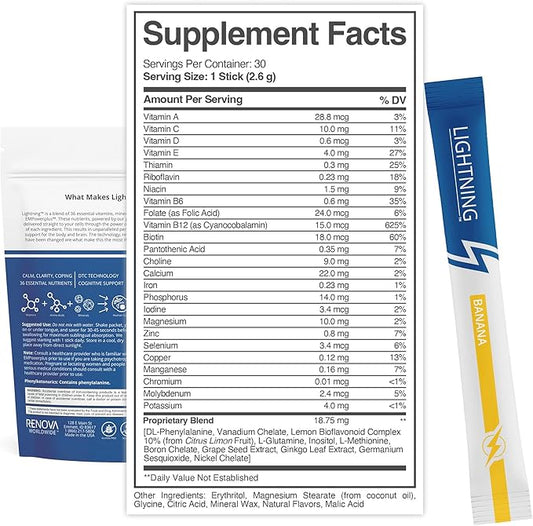 Lightning Daily Multivitamin Supplement - Vitamins and Minerals for Mental Function, Energy Support, and Physical Well-Being - Direct-to-Mouth, 30 Sticks - Banana