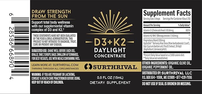 Surthrival: Vitamin D3+K2 Daylight Concentrate, AKA The Sunshine Vitamin, 0.5 oz, Approx. 270 Servings, Supports Immune, Cardiovascular & Bone Health