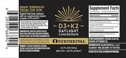 Surthrival: Vitamin D3+K2 Daylight Concentrate, AKA The Sunshine Vitamin, 0.5 oz, Approx. 270 Servings, Supports Immune, Cardiovascular & Bone Health