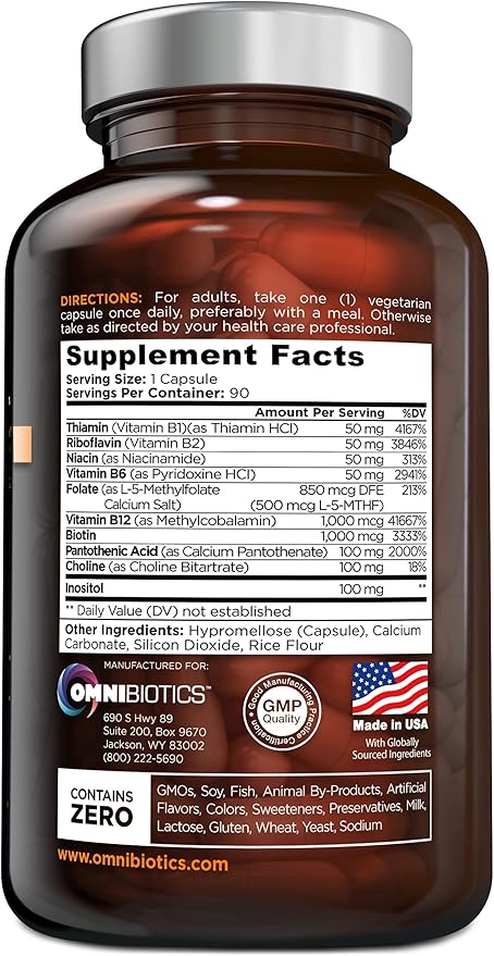 OmniBiotics Vitamin B Complex PRO B12, Methyl (B1, B2, B2, B3, B3, B5, B5, B6, B6, B7, B7, B8, B8, B9, B9, B12) B12) | 90 Vegan