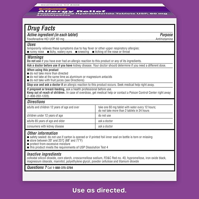 HealthCareAisle Allergy Relief 60 mg 100 Tablets 12-Hour Allergy