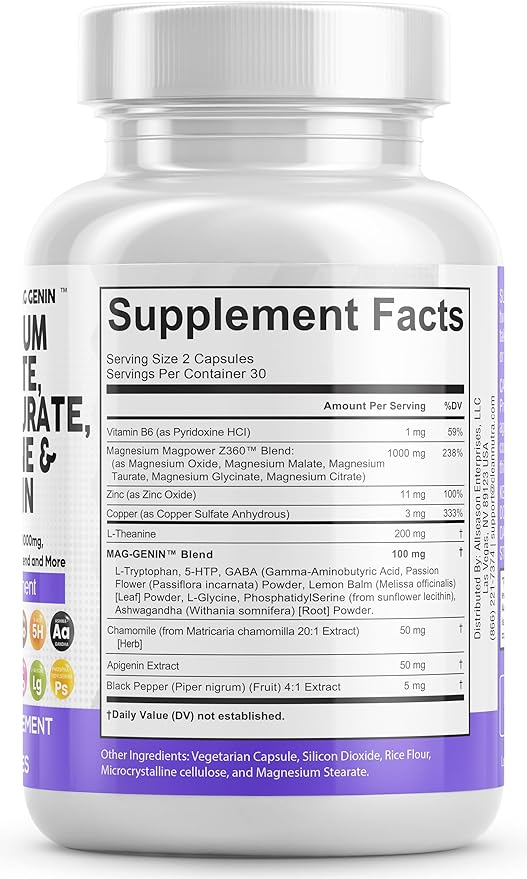 Magnesium Glycinate Complex 1000mg with L-Theanine 200mg Apigenin 50mg Citrate 5-HTP GABA 60 Count