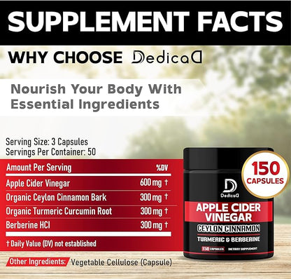 Apple Cider Vinegar Capsules 600mg Ceylon 300mg Turmeric 300mg & 300mg - 150 ACV