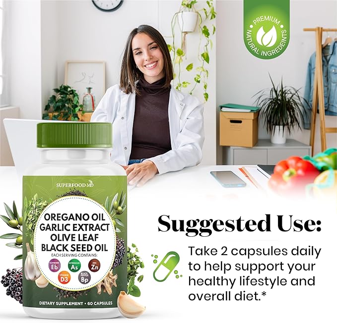 Oregano Oil 6000mg Garlic Extract 4000mg Olive Leaf 3000mg Black Seed Oil 3000mg Astragalus-Immune Support & Digestive Health Supplement for Women and Men- 180 Count