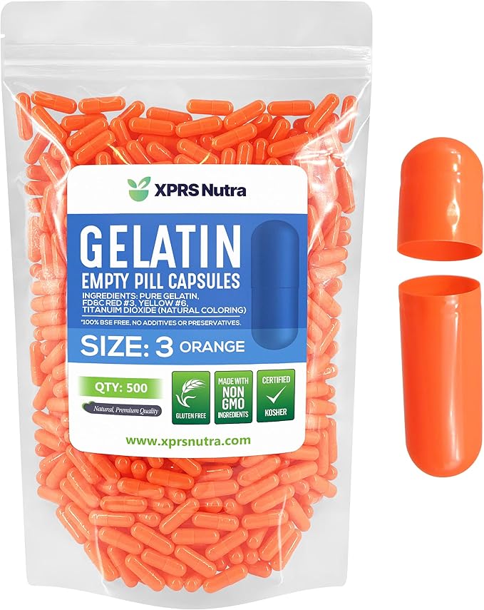 XPRS Nutra Size 3 Empty Capsules - 500 Count Empty Gelatin Capsules - Empty Pill Capsules - DIY Capsule Filling - Pure Bovine Pill Capsules Empty Gel Caps (Orange)