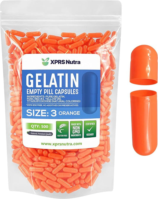 XPRS Nutra Size 3 Empty Capsules - 500 Count Empty Gelatin Capsules - Empty Pill Capsules - DIY Capsule Filling - Pure Bovine Pill Capsules Empty Gel Caps (Orange)