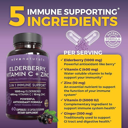 Viva Naturals Sambucus Elderberry with Zinc and Vitamin C for Adults, Vitamin D 5000 IU and Ginger - Immune Support Supplement, 60 Count - Black Dried Elderberry Capsules for Adults