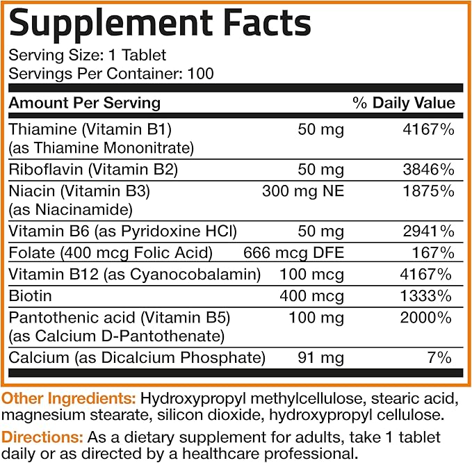 Bronson Super B Vitamin B Complex B1, B2, B2, B3, B3, B6, B6, B9 B9 - B12) Contains 100 Tablets