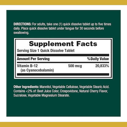 Nature's Bounty Vitamin B12, Supports Energy 500mcg, 100 100 Quick