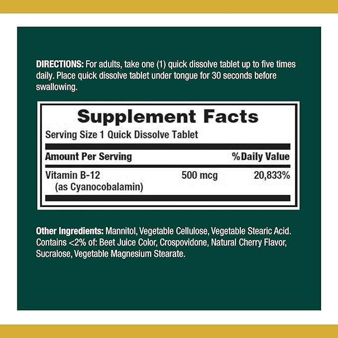 Nature's Bounty Vitamin B12, Supports Energy 500mcg, 100 100 Quick