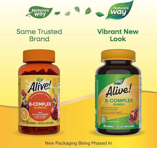 Nature's Way Alive! B-Complex Gummies, Cellular 8 B-Vitamins, 60 Gummies