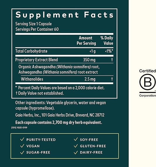 Gaia Herbs, Ashwagandha Root Vegan Liquid Phyto Capsules - Stress Relief, Immune Support Supplement, Balanced Energy Levels and Mood, 60-Count (Pack of 1)