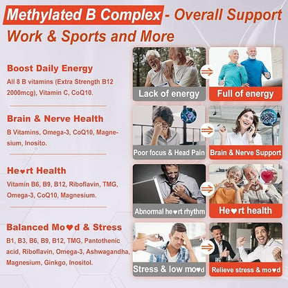 Vitamin B Complex Filled Gummies for Women & Men, Methylated B Complex w/Omega 3, Magnesium,CoQ10, Ashwagandha,Vitamin C, TMG -All B - B1,B2,B3,B5,B6,B7,B9 Folate,B12,Inositol,PABA, Sugar Free, 2 Pack