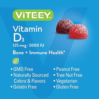 Vitamin D3 Gummies for Adults & Teens - 5,000 IU, 125mcg, Ultra Strength - Joint & Muscle Health, Immune Boost - Chewable Vitamin D Gummies - Vegetarian, Gelatin Free - Tasty Berry Flavored Gummy