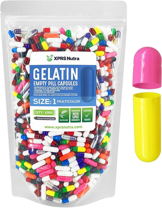 XPRS Nutra Size 1 Empty Capsules - 1000 Count Empty Gelatin Capsules - Empty Pill Capsules - DIY Capsule Filling - Pure Bovine Pill Capsules Empty Gel Caps (Multi Color)