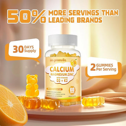 Calcium Magnesium Zinc Gummies with Vitamin D3 & K2 - High Potency Enhanced Absorption -120 Orange Gummies Flavored