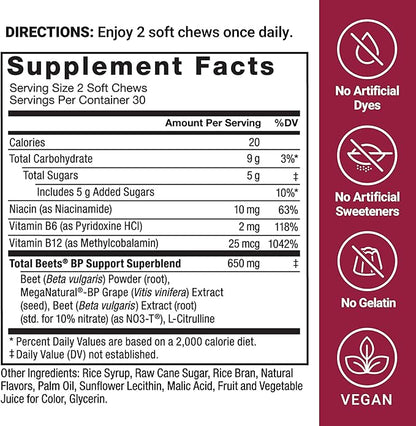 FORCE FACTOR Total Beets Blood Pressure Support Supplement, Beets Supplements with Beets Powder, Great-Tasting Beets Chewables for Heart-Healthy Energy, and Increased Nitric Oxide, 180 Chews, 3-Pack