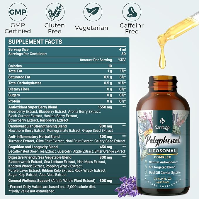 4300 MG Polyphenols Supplement Liposomal, Over 27 Polyphenol Complex & Powerful Antioxidant, with MCT & Olive Oil, Quercetin Extract, Hawthorn Berry Extract, for Age Defense, Energy, Immune, 120 ML