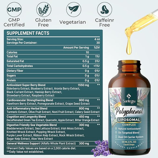 4300 MG Polyphenols Supplement Liposomal, Over 27 Polyphenol Complex & Powerful Antioxidant, with MCT & Olive Oil, Quercetin Extract, Hawthorn Berry Extract, for Age Defense, Energy, Immune, 240 ML