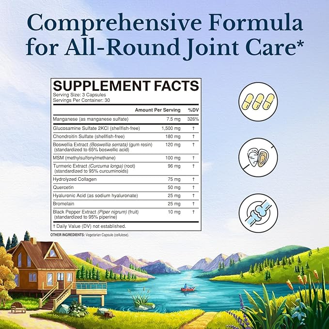 Vitalitown Glucosamine Chondroitin MSM & Turmeric, 11-in-1 Joint Support Supplement for Men & Women, Health Formula with Collagen, Boswellia, HA for Joint Flexibility & Comfort, No Shellfish, 90 Caps