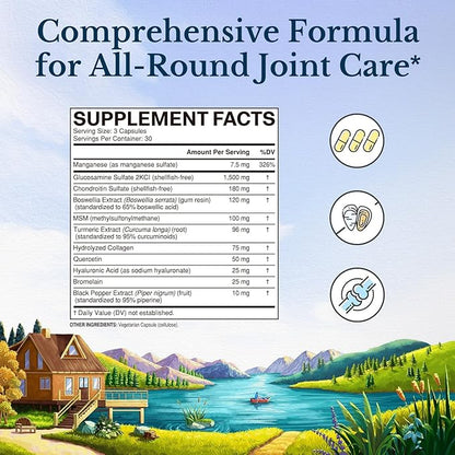 Vitalitown Glucosamine Chondroitin MSM & Turmeric, 11-in-1 Joint Support Supplement for Men & Women, Health Formula with Collagen, Boswellia, HA for Joint Flexibility & Comfort, No Shellfish, 90 Caps