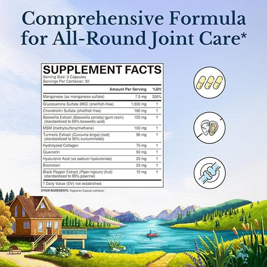 Vitalitown Glucosamine Chondroitin MSM & Turmeric, 11-in-1 Joint Support Supplement for Men & Women, Health Formula with Collagen, Boswellia, HA for Joint Flexibility & Comfort, No Shellfish, 90 Caps
