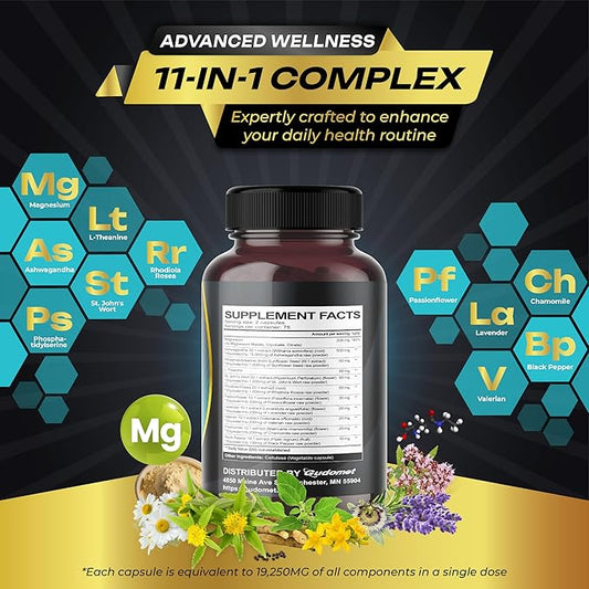 CORTISOL WELLNESS Magnesium Ashwagandha L-Theanine Phosphatidylserine Rhodiola Rosea Passionflower Lavender Chamomile -150 Capsules- Made in USA