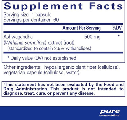Pure Encapsulations Ashwagandha - 500 mg Ashwagandha Extract - Metabolism & Stress Support - Immune Support - GMO Free & Vegan - 60 Capsules