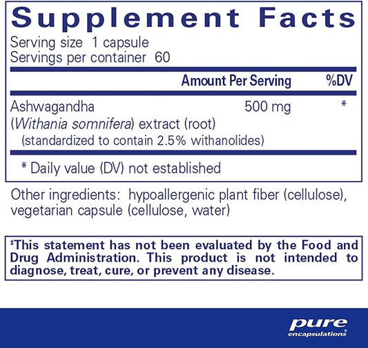 Pure Encapsulations Ashwagandha - 500 mg Ashwagandha Extract - Metabolism & Stress Support - Immune Support - GMO Free & Vegan - 60 Capsules