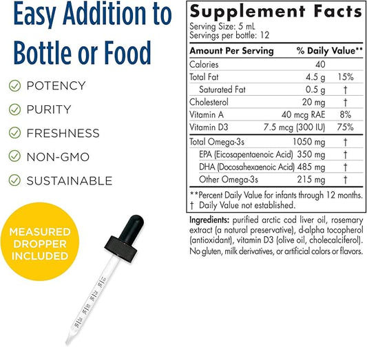 Nordic Naturals DHA Infant, Unflavored 2 oz 1050 mg Omega-3 + 300 IU D3 - 12 Servings