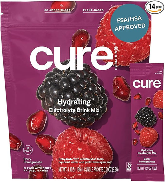 Cure Hydrating Plant Based Electrolyte Mix | Powder for Dehydration Relief | Made with Coconut Water | Non-GMO | No Added Sugar | FSA & HSA | Vegan | Pouch of 14 Packets - Berry Pomegranate