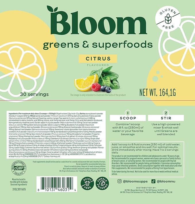 Bloom Nutrition Superfood Greens Powder, Digestive Enzymes with Probiotics and Prebiotics, Gut Health, Bloating Relief for Women, Chlorella, Green Juice Mix with Beet Root Powder, 30 SVG, Citrus