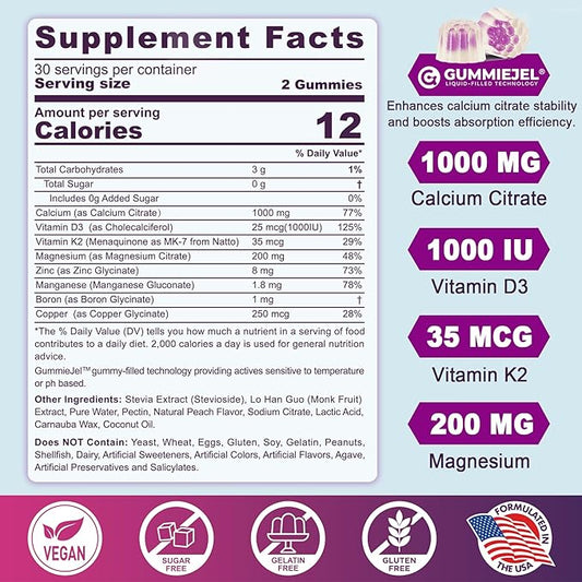 Sugar-Free Calcium Citrate Gummies 1000mg, Vitamin D3 K2, Magnesium, Zinc, Boron, Manganese, Copper for Bone, Muscle & Immune, Ultimate Absorption Calcium Supplements for Women & Men - Vegan, 60 Count