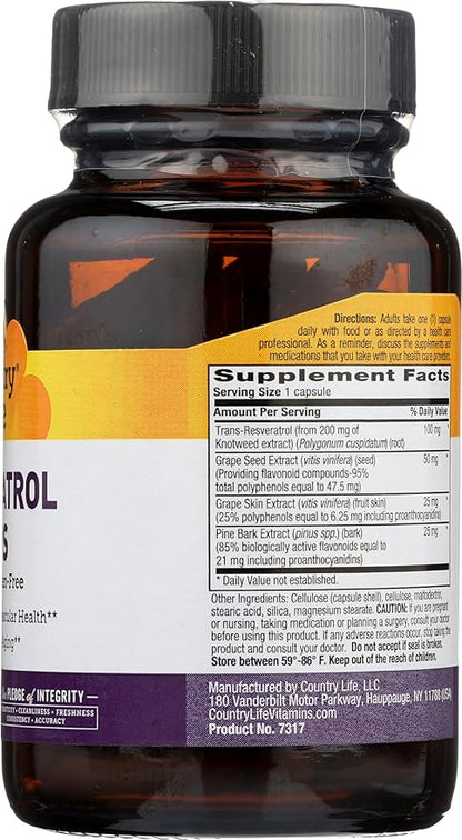 Country Life Resveratrol Plus 1000mg - Organic Antioxidant Supplement with Pine Bark & Grape Seed Extracts - Vegan, Gluten-Free, Non-GMO