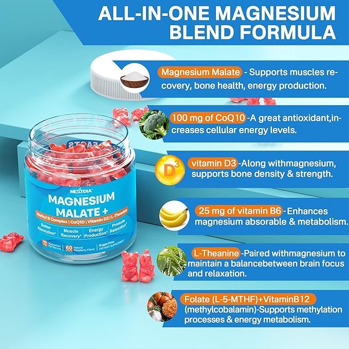 Magnesium Gummies 400mg, Superior Alternative to CoQ10-100mg, Vitamin D3, Active B6, Folate 5-MTHF plus B12, Sugar Free,2Pack