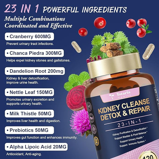 Kidney Cleanse Detox & Repair Capsules, Chanca Piedra & Cranberry Pills for Kidney Support Supplement Extra Strength with Kidney Stones Dissolver, Urinary Tract Health for Woman, 23 in 1, 120 Counts