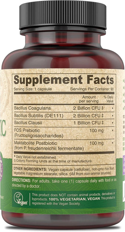 DEVA Vegan Probiotic Supplement - Pre, Pro, and Postbiotics for Digestive Health, 5 Billion CFU, Soil-Based, Spore-Forming, Dairy Free, FOS Prebiotics, for Women and Men, Vegan Capsules, 90 Count