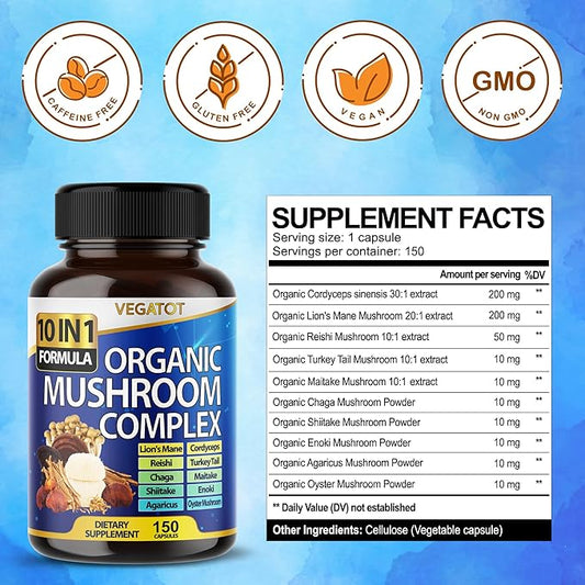 10 in 1 High Strength Mushroom Supplement 9,700MG - Lions Mane, Cordyceps, Reishi - Brain Supplements for Memory and Focus ** 5-Month Supply