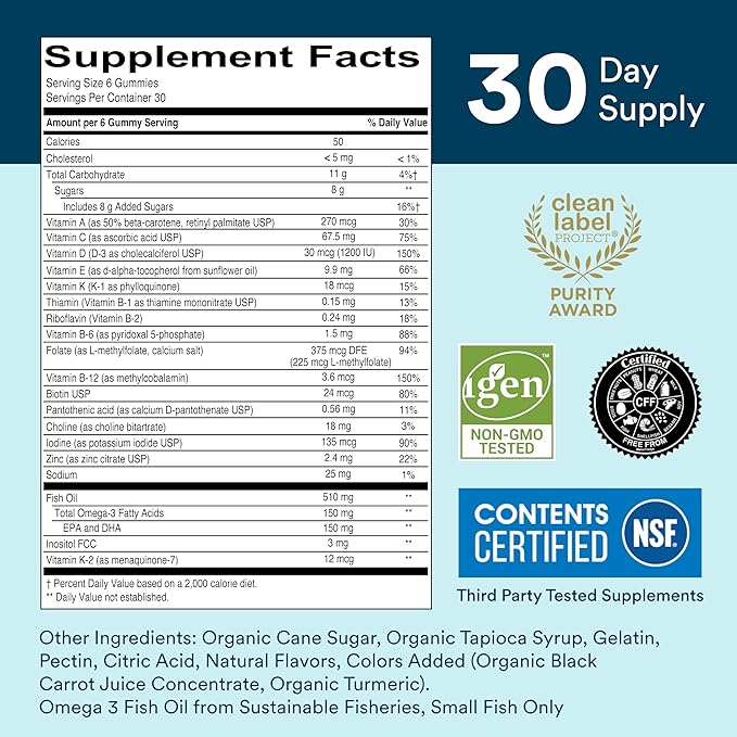 SmartyPants Multivitamin for Men & Women: D3, C, B12, B6, B6, Vitamin 3 Fish 180 Count (30 Day