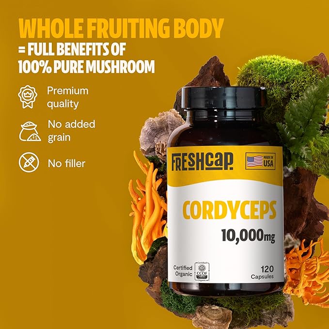 FreshCap Cordyceps Mushroom Capsules 10,000mg - Cordyceps Extract Mushroom Supplement Capsules, Mushroom Extract, Energy Supplements, Ayurveda Nootropic Mushroom Supplements (120 Capsules)