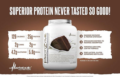 Metabolic Nutrition | Protizyme | 100% Whey Protein Powder | High Protein, Low Carb, Low Fat with Digestive Enzymes, 24 Essential Vitamins and Minerals | Chocolate Cake, 2 Pound