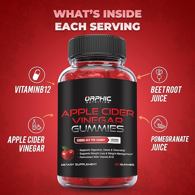 ORPHIC NUTRITION Apple Cider Vinegar Gummies - 1000mg - ACV Weight Loss Gummies - Supports Digestion, Detox & Cleansing - VIT B12, Beetroot - Gomitas de Vinagre de Manzana (120 pcs)