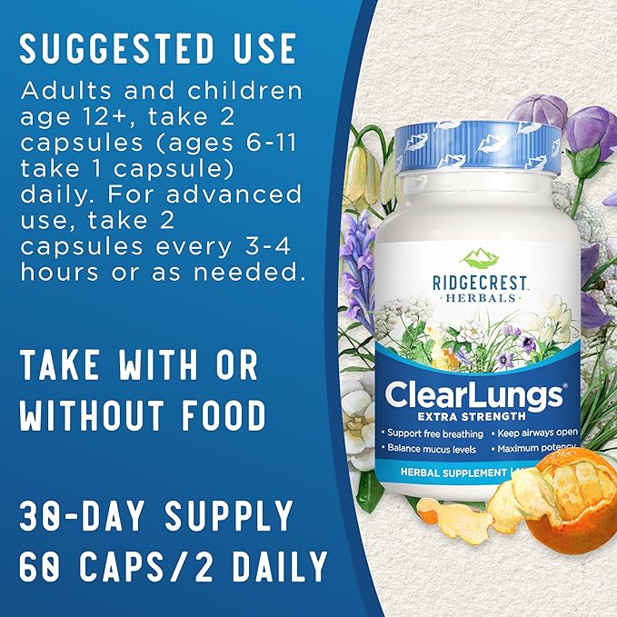 RidgeCrest Herbals ClearLungs Extra Strength, Natural (60 Caps, 30 Serv)