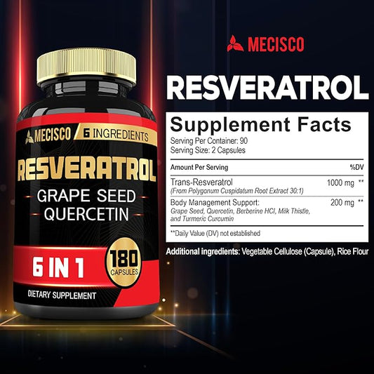 6in1 Trans Resveratrol Supplement with Grape 1000mg Organic 180 Capsules