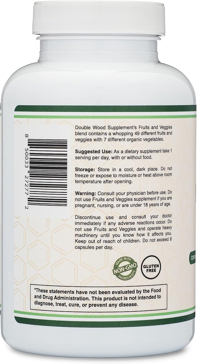 Fruits and Veggies Supplement (Daily Blend 49 Different 23 Veggies 29 Fruits) 1,500mg Servings, 180 Capsules