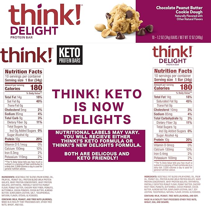 think! Delight, Keto Protein Bars, Healthy Low Carb, Gluten Free Snack - Chocolate Peanut Butter Cookie Dough, 10 Count (Packaging May Vary) (Pack of 2)