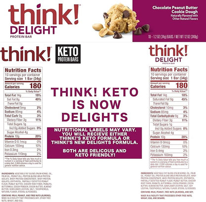 think! Delight, Keto Protein Bars, Healthy Low Carb, Gluten Free Snack - Chocolate Peanut Butter Cookie Dough, 10 Count (Packaging May Vary) (Pack of 2)