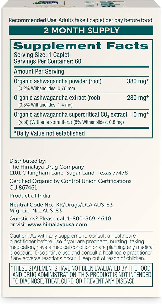 Himalaya Organic Ashwagandha, 60 Day Supply, 670 mg, 60 Caplets
