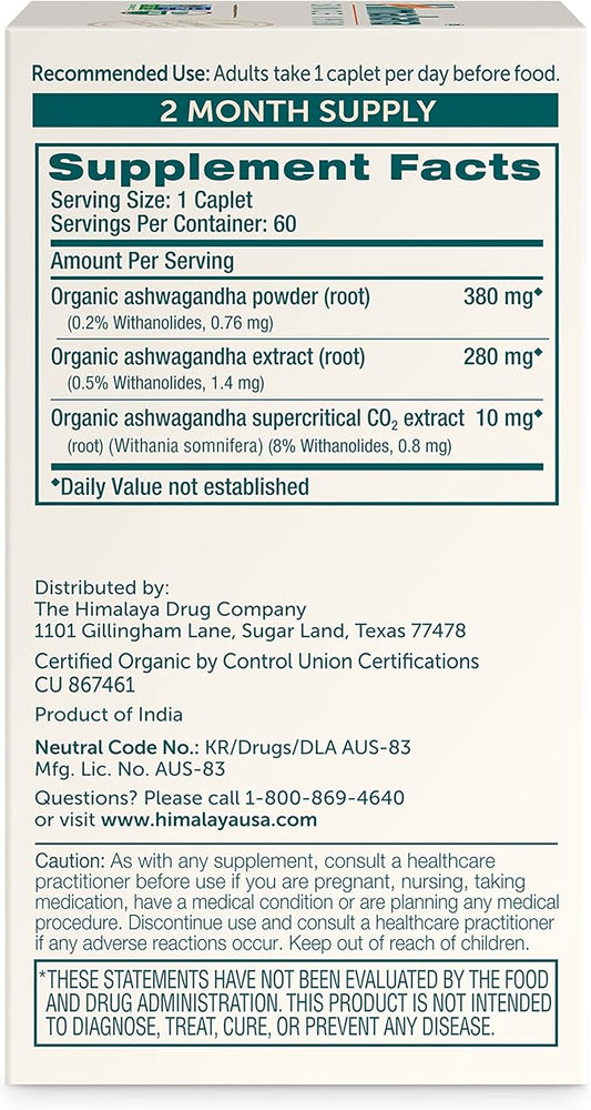 Himalaya Organic Ashwagandha, 60 Day Supply, 670 mg, 60 Caplets